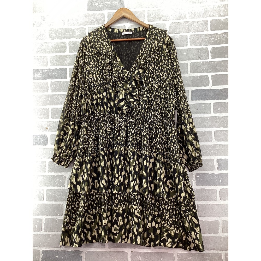 Dex Women 3X Black Green Animal Print Smocked Tiered Ruffle V-Neck Dress 1872256